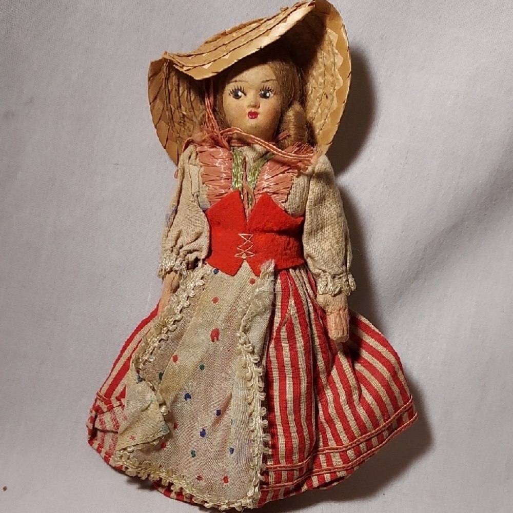 Vintage 1930 Doll Molded Cloth Color Face Red White Strip Dress Straw Hat Spron